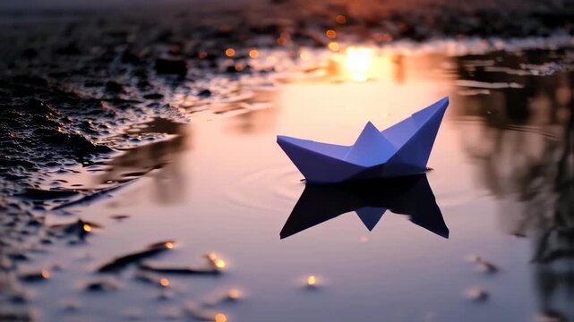 A paper boat floats in a puddle, reflecting sunset light. The water's surface is textured