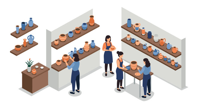 Pottery class in isometric style with students crafting ceramics - Powered by Adobe