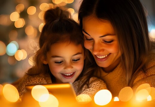 A mother and daughter snuggle close, happily looking at a tablet together amidst warm Christmas lights - Powered by Adobe