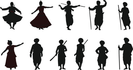 Traditional Indian folk dance silhouettes of men and women performing with sticks, cultural performance vector illustration, ethnic festival celebration concept, isolated design