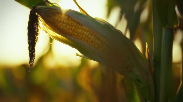 A corn plant is showcased, with the sun setting in the background. The light highlights the silk and kernels, emphasizing the beauty of nature and the harvest season