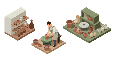 Obraz premium Isometric pottery workshop scene with potter crafting ceramics on wheel