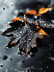 Autumn leaves with water drops on dark background, close-up