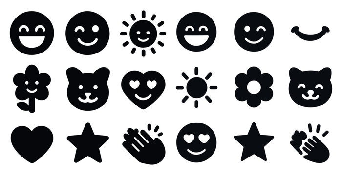 Smile emoji silhouette icons set – solid, filled, happy and affectionate symbols