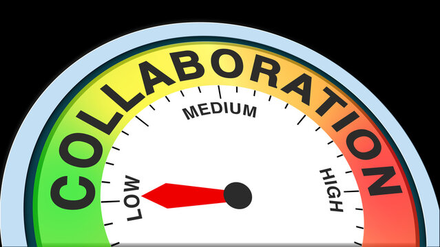 Collaboration low, concept illustration showing minimal teamwork or cooperative effort on a meter. Ideal for business, management, or organizational visuals in charts, meters, or text formats