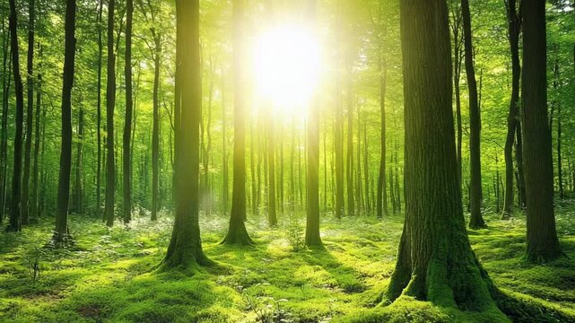 Sunlight streams through tall trees in a lush, green, moss-covered forest