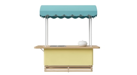 Isolated market stall with turquoise canopy and white pot on counter, nobody present