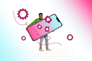 Composite photo collage of happy american man hold phone heart notification bubble gearwheel popular blogger isolated on painted background