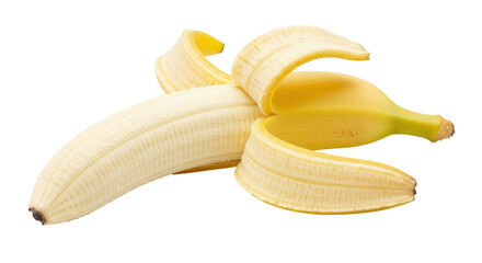 Isolated ripe banana fruit, partly peeled to expose light yellow flesh; ready to eat snack
