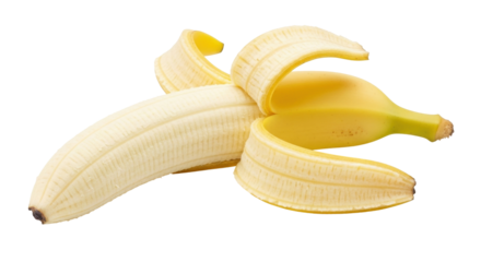 Isolated ripe banana fruit, partly peeled to expose light yellow flesh; ready to eat snack