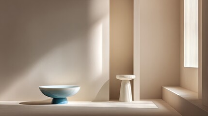 Fototapeta premium Minimalist interior scene with bowl and stool bathed in soft sunlight