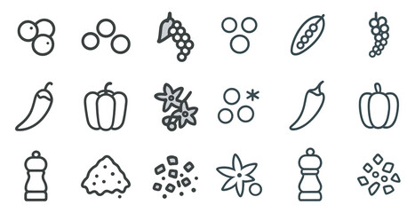 Herbs and spices outline icons set – linear, cooking, culinary ingredients graphics