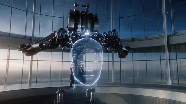 A colossal robotic sculptor stands in a circular gallery made of glass and light. It chisels a human statue from a block of pure data, each fragment dissolving into glowing dust.