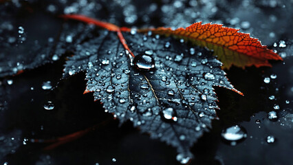 Autumn leaf with water drops on dark background, close-up