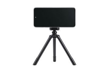 Modern smartphone mounted on a small black tripod isolated on transparent background