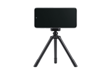 Modern smartphone mounted on a small black tripod isolated on transparent background