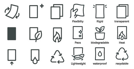 Packaging and sustainability outline icons set &ndash; eco, flexible, recyclable graphics