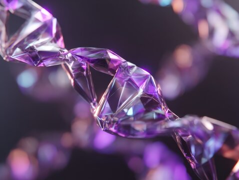 Intricate Design of a DNA Helix Constructed from Shimmering Crystals with Purple Tones on a Soft Background