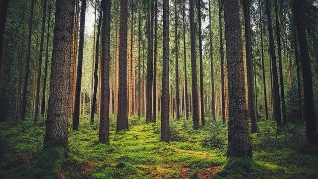 A tranquil, dense forest of towering evergreen trees and a lush, green mossy floor
