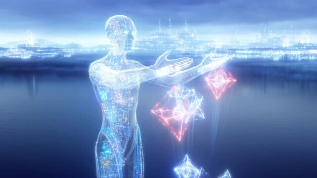 A digital representation of an artificial intelligence figure creates and manipulates glowing shapes in a serene, futuristic landscape during twilight. The scene reflects technology and creativity
