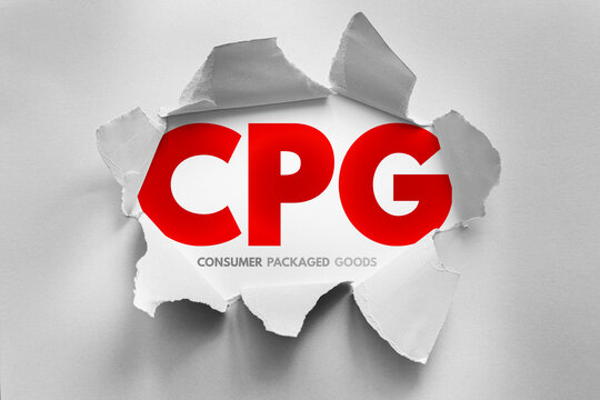 CPG acronym for Consumer Packaged Goods revealed through torn paper. Highlights retail, fast-moving goods, branded products, and everyday consumer items in marketing or business contexts