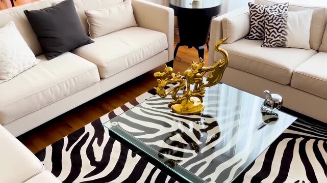 A living room features cream sofas with accent pillows around a table on a zebra print rug