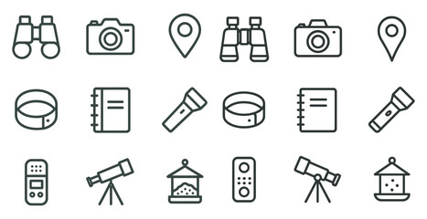 Obraz premium Photography and adventure outline icons set – flat, camera, travel symbols