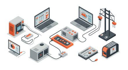 Obraz premium Isometric electronics and energy equipment set with laptops and power lines