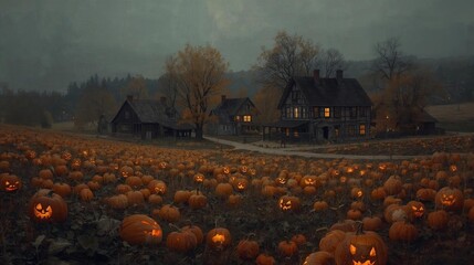 Haunted Halloween pumpkin patch with glowing jack-o'-lanterns and old village at dusk