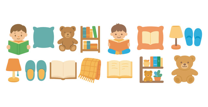 Children's reading icons set – flat, filled, book and library symbols for kids