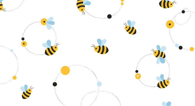 A cute pattern of busy bees flying in circles.