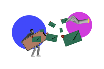 Composite trend artwork sketch photo collage of small young guy hand hold huge smartphone sleeve envelope notification message news letter