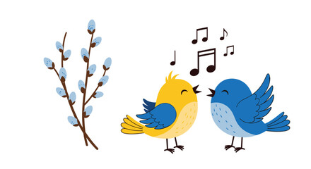 Two small birds sing happily on a spring day with pussy willow branches.