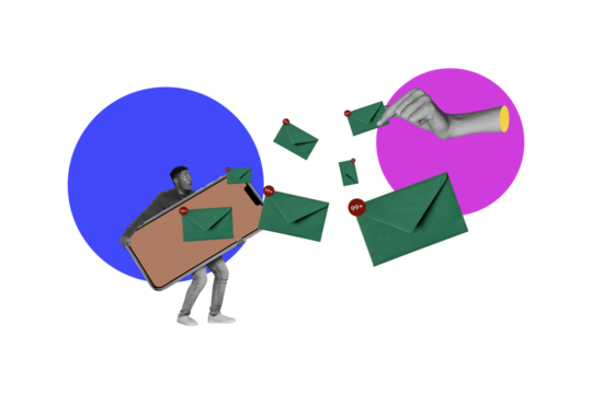 Composite trend artwork sketch photo collage of small young guy hand hold huge smartphone sleeve envelope notification message news letter