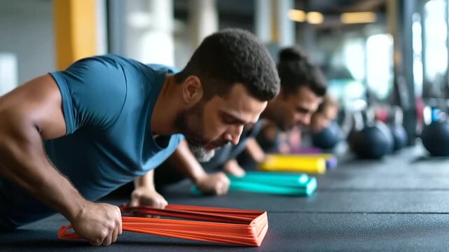 Athletes Preparing Resistance Bands for Functional Training in Gym Focused Expressions and Stretching Poses with Colorful Band Textures and Elastic Pull Modern Equipment Like Dum