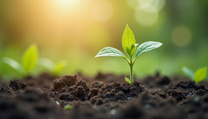 Young green sprout in rich soil at sunrise, symbol of growth and renewal