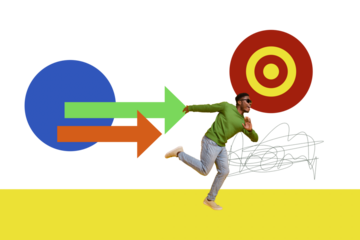 Composite trend artwork 3D sketch image photo collage of aim target trader arrow point goal earnings young man run direction fast success