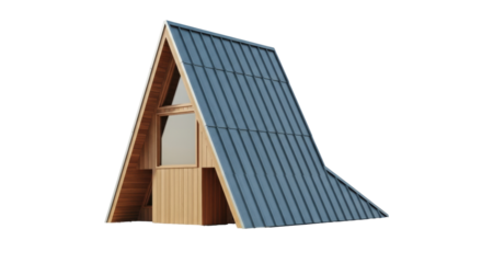 Isolated A-frame cabin with modern design, featuring clean lines and wood and metal construction