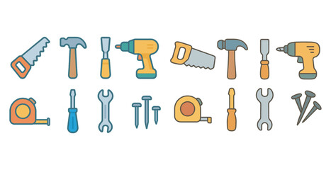 Obraz premium Tools and construction icons set – flat, filled, hardware and repair symbols