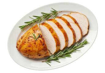 Isolated sliced roasted turkey breast, holiday dish, plated on white plate and garnished with herbs