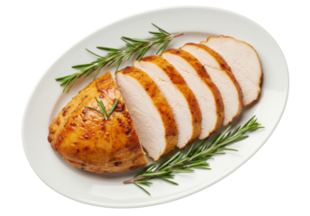Isolated sliced roasted turkey breast, holiday dish, plated on white plate and garnished with herbs