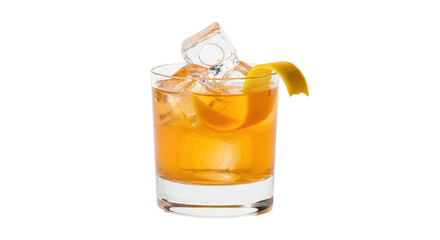 Isolated old fashioned cocktail with ice cubes and orange peel garnish on the rim near top