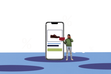 Composite trend artwork image collage of young guy call hand hold huge smartphone display sale buy black friday consumer online percent