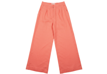 Isolated coral wide leg trousers, loose fitting linen pants, modern style wardrobe staple