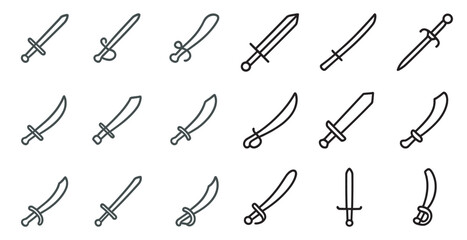 Naklejka premium Medieval sword outline icons set – linear, silhouette, ancient weapon symbols