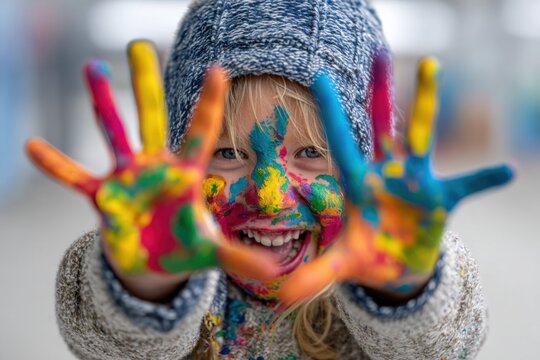 Child joyfully shows colorful painted hands at an outdoor art event during a sunny day - Powered by Adobe