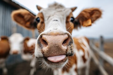 Close-up of a friendly cow with a playful expression in a farm setting on a cloudy day