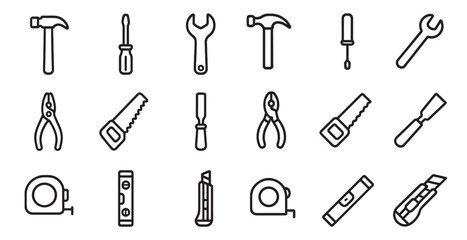 Fototapeta premium Diy and repair tools outline icons set – linear, equipment, hardware essentials