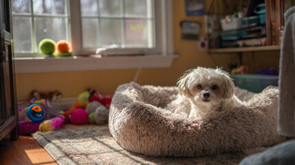 A small, fluffy dog resting in its bed surrounded by toys in a sunlit room, creating a warm and cozy atmosphere. 