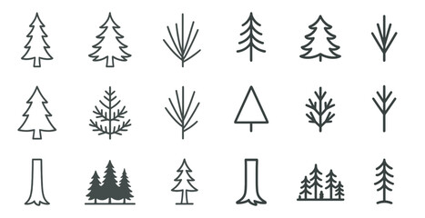 Fototapeta premium Nature and forest outline icons set – linear, tree, woodland symbols for design